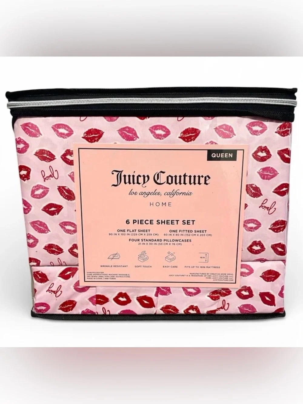 Juicy Couture 6-pc Queen Sheet Set JC Pink Lots of Kisses 2 Extra P/C's NEW NIP